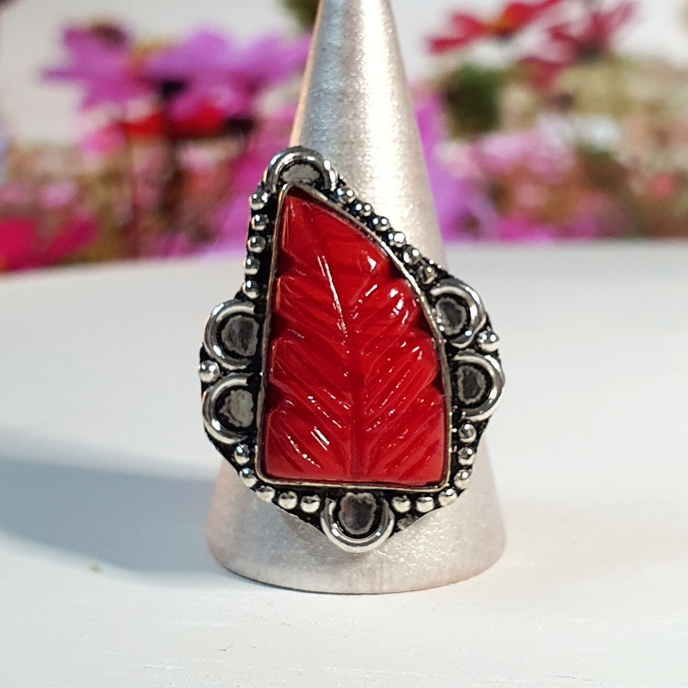 Red Coral Gemstone Sterling Silver Plated Ring Size 10